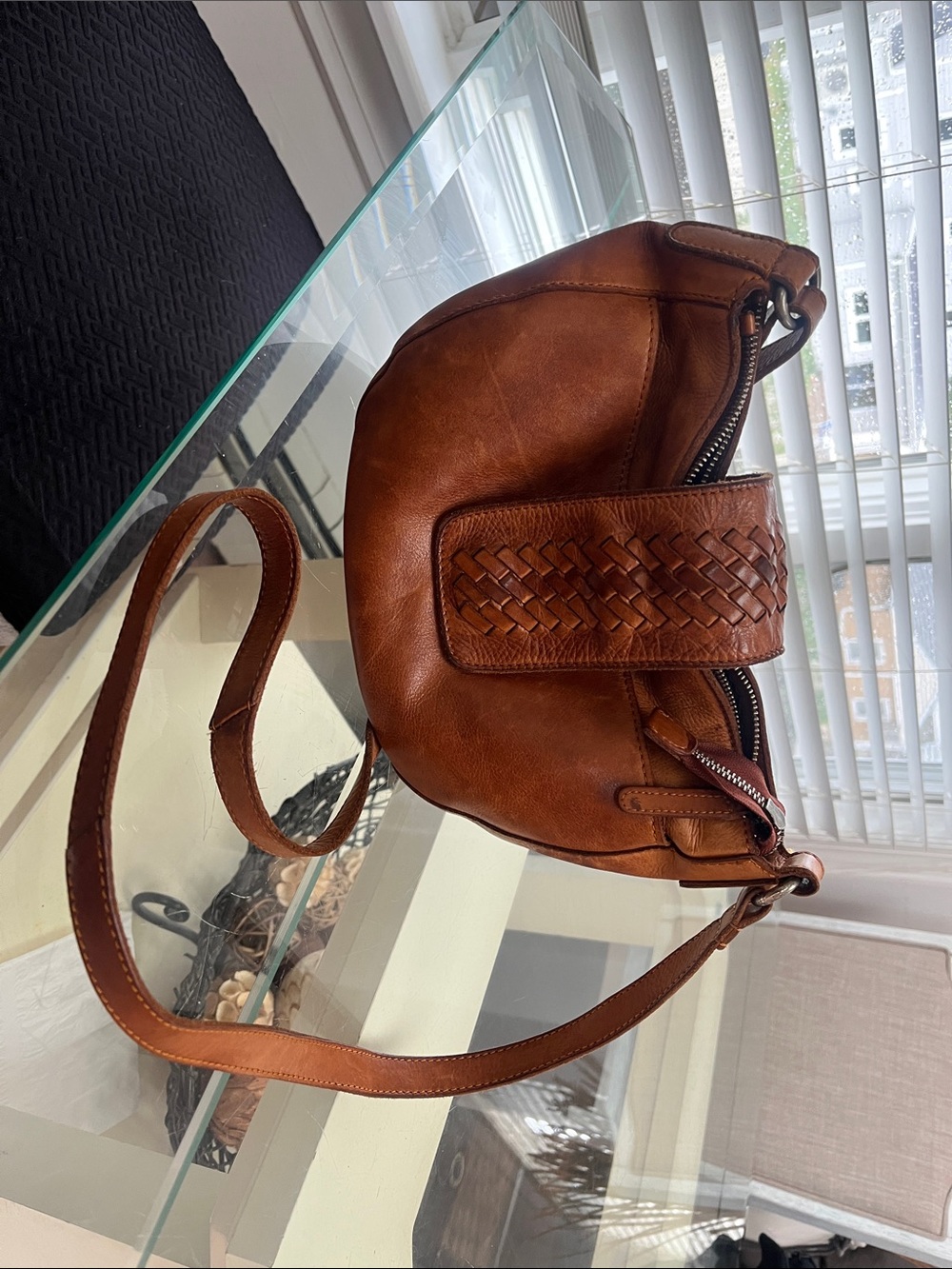 Vilenca holland  Women's Brown Leather Woven Accent Crossbody Bag